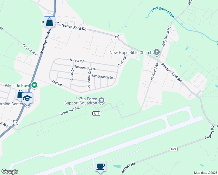 map of restaurants, bars, coffee shops, grocery stores, and more near 369 Teal Road in Martinsburg