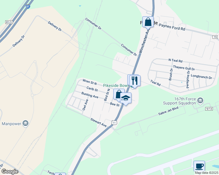 map of restaurants, bars, coffee shops, grocery stores, and more near 272 Wren Street North in Martinsburg