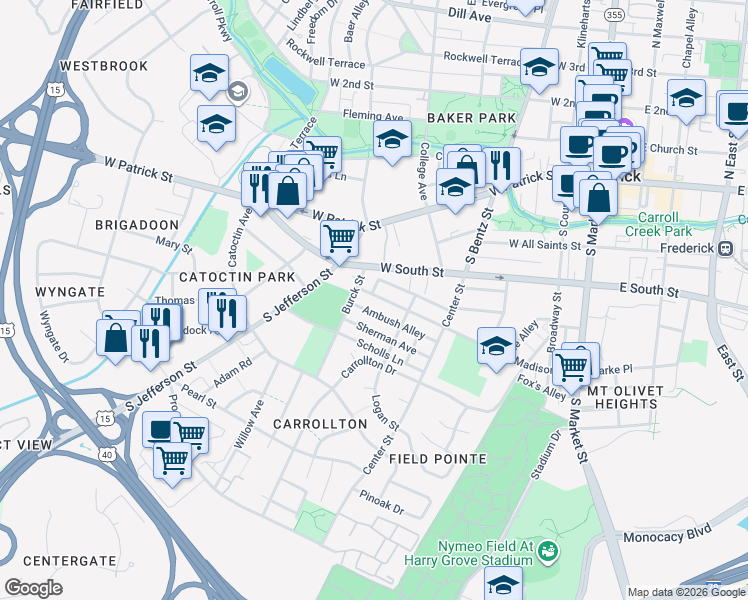 map of restaurants, bars, coffee shops, grocery stores, and more near 364 Madison Street in Frederick