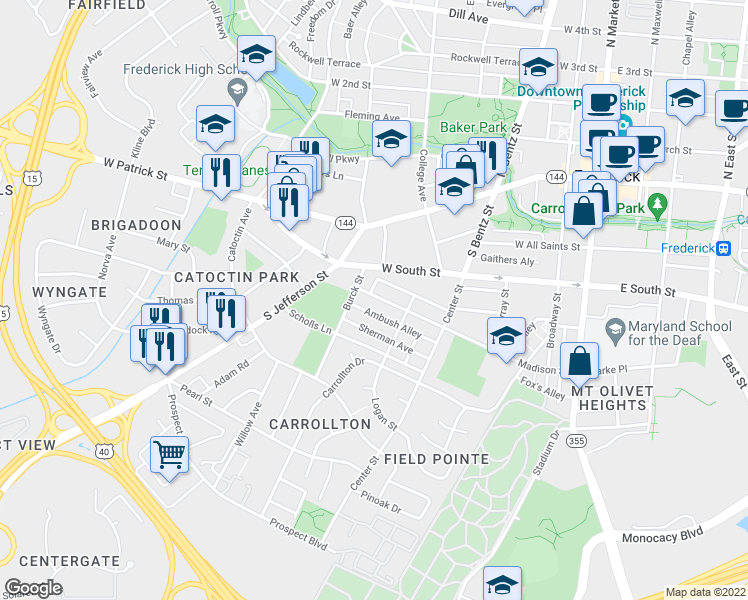 map of restaurants, bars, coffee shops, grocery stores, and more near 364 Madison Street in Frederick