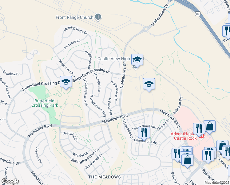 map of restaurants, bars, coffee shops, grocery stores, and more near 4861 North Silverlace Drive in Castle Rock