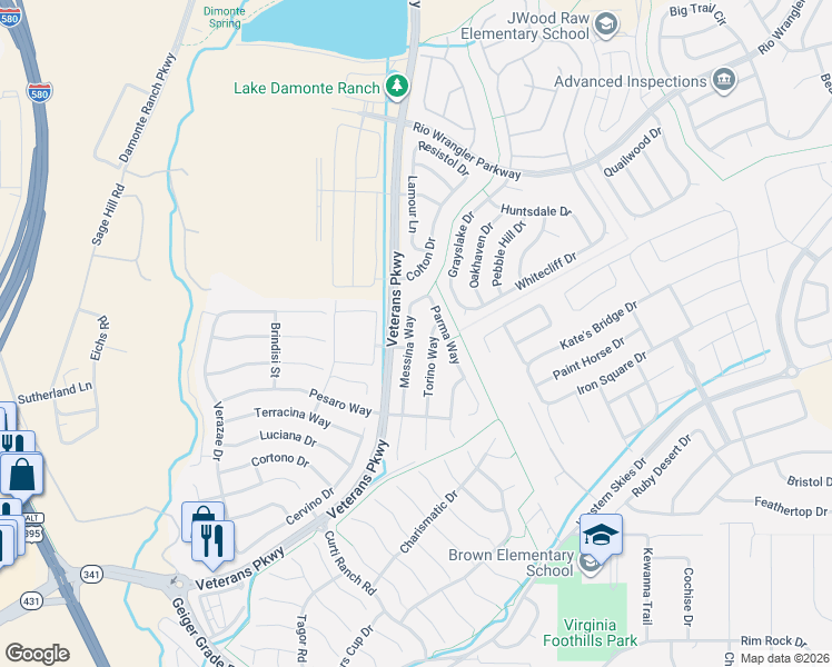 map of restaurants, bars, coffee shops, grocery stores, and more near 11205 Messina Way in Reno