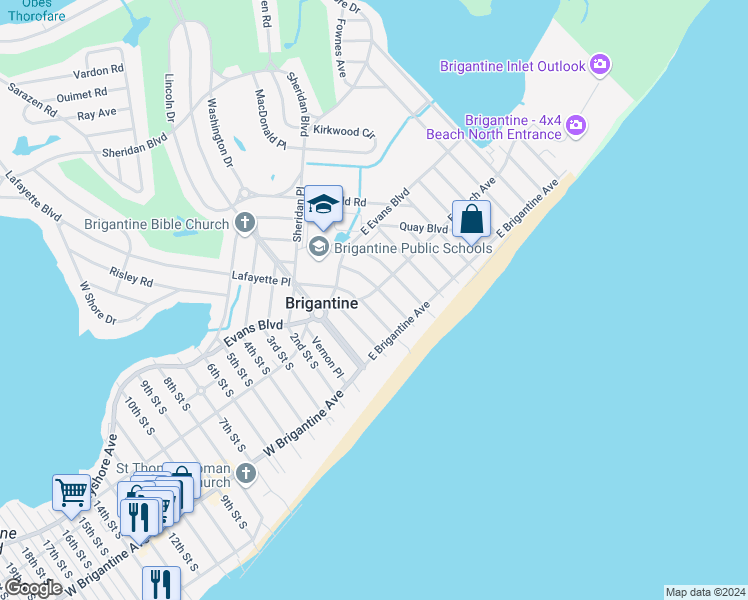 map of restaurants, bars, coffee shops, grocery stores, and more near 302 East Beach Avenue in Brigantine