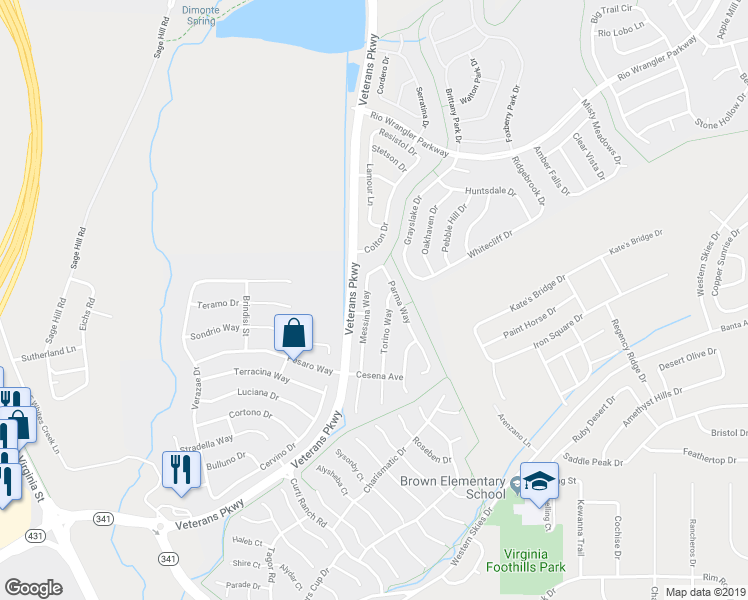 map of restaurants, bars, coffee shops, grocery stores, and more near 11205 Messina Way in Reno