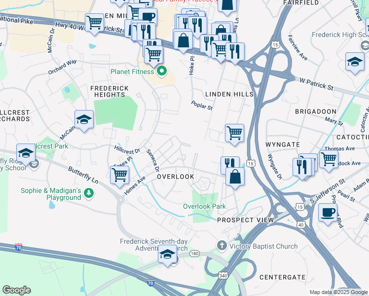 map of restaurants, bars, coffee shops, grocery stores, and more near 520 Hollyberry Way in Frederick