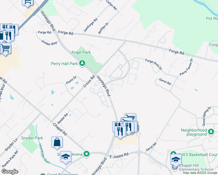 map of restaurants, bars, coffee shops, grocery stores, and more near 9602 Haven Farm Road in Perry Hall