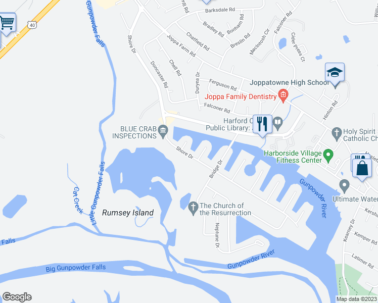 map of restaurants, bars, coffee shops, grocery stores, and more near 747 Shore Drive in Joppatowne