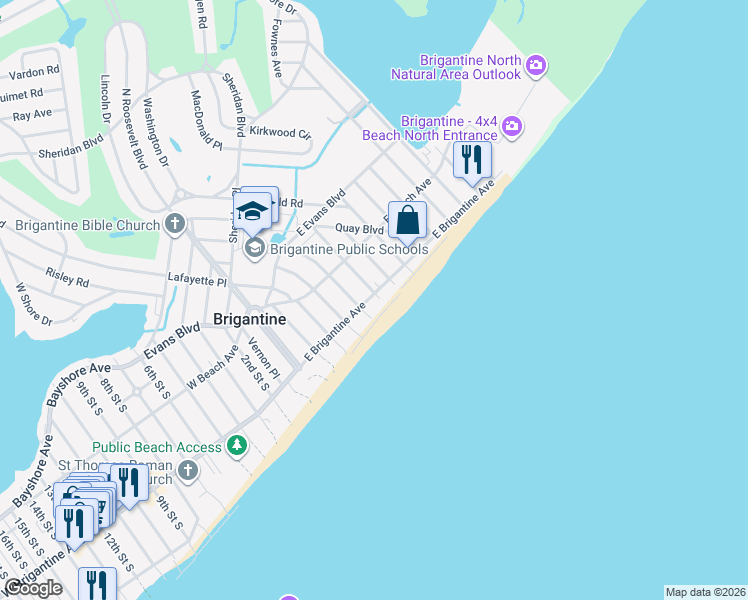 map of restaurants, bars, coffee shops, grocery stores, and more near 500 East Brigantine Avenue in Brigantine