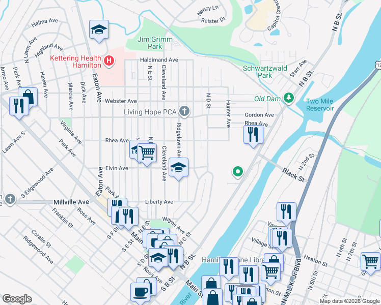 map of restaurants, bars, coffee shops, grocery stores, and more near 523 Prytania Avenue in Hamilton