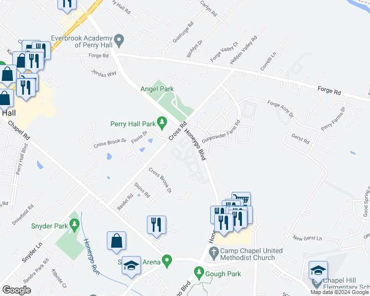 map of restaurants, bars, coffee shops, grocery stores, and more near 4501 Dunton Terrace in Perry Hall