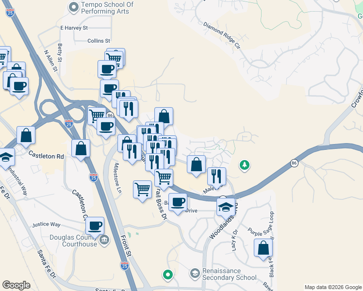 map of restaurants, bars, coffee shops, grocery stores, and more near 553 Hanging Rock Pl in Castle Rock