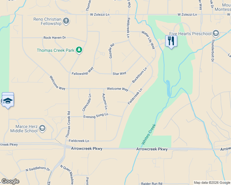map of restaurants, bars, coffee shops, grocery stores, and more near 12915 Welcome Way in Reno