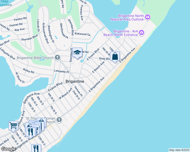 map of restaurants, bars, coffee shops, grocery stores, and more near 502 East Beach Avenue in Brigantine