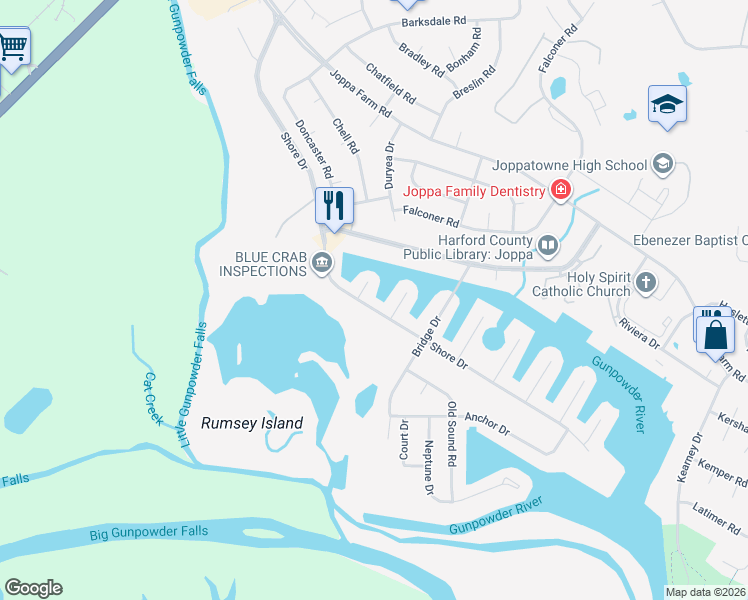 map of restaurants, bars, coffee shops, grocery stores, and more near 747 Shore Drive in Joppatowne