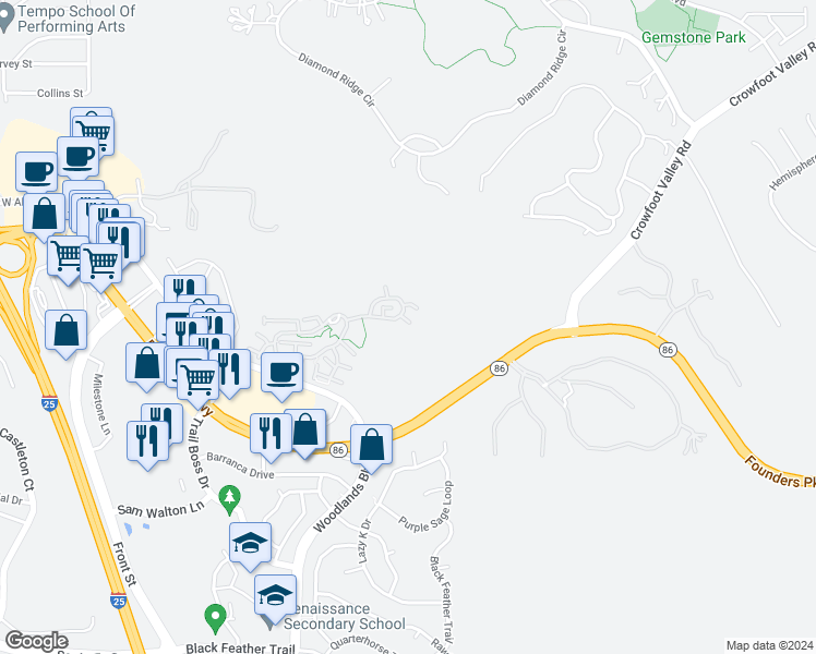 map of restaurants, bars, coffee shops, grocery stores, and more near 1090 Purple Sky Way in Castle Rock