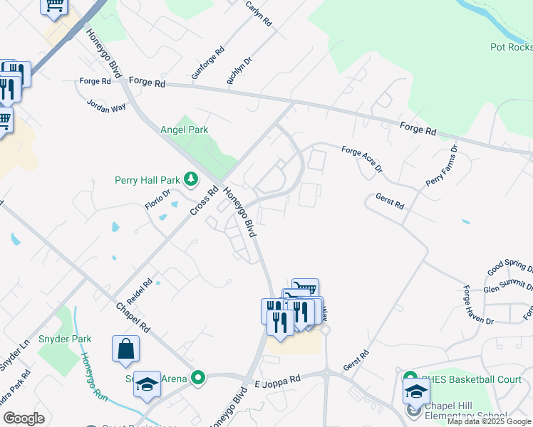 map of restaurants, bars, coffee shops, grocery stores, and more near 9607A Haven Farm Road in Perry Hall