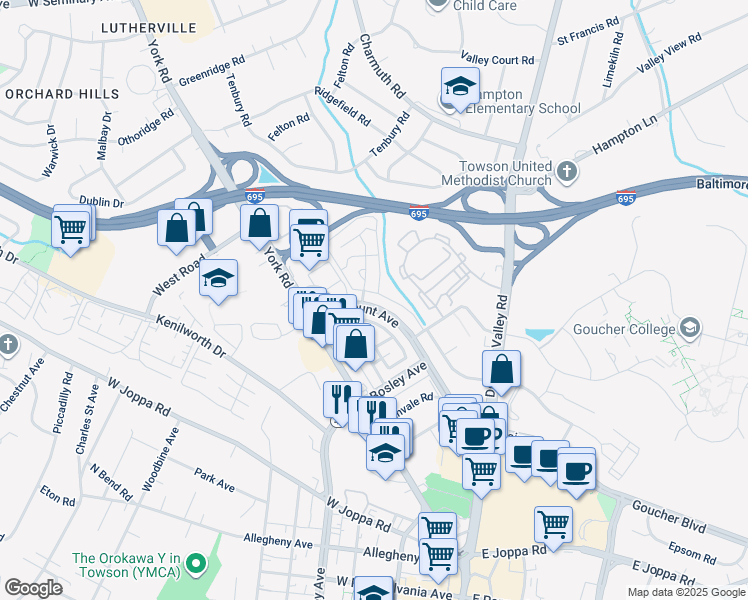 map of restaurants, bars, coffee shops, grocery stores, and more near 971 Fairmount Avenue in Towson