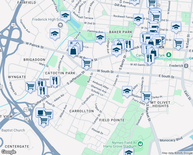 map of restaurants, bars, coffee shops, grocery stores, and more near 371 Madison Street in Frederick