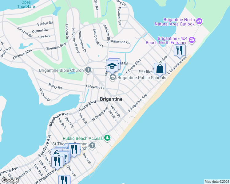 map of restaurants, bars, coffee shops, grocery stores, and more near 263 East Evans Boulevard in Brigantine