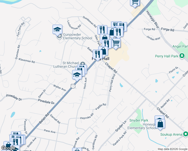 map of restaurants, bars, coffee shops, grocery stores, and more near 6 Juliet Lane in Perry Hall