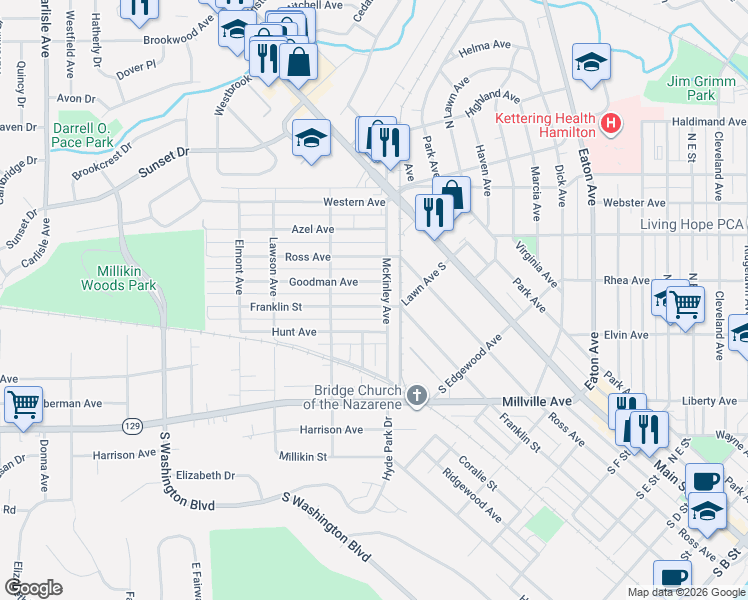 map of restaurants, bars, coffee shops, grocery stores, and more near 1029 Goodman Avenue in Hamilton