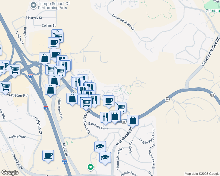 map of restaurants, bars, coffee shops, grocery stores, and more near 630 Hanging Rock Place in Castle Rock