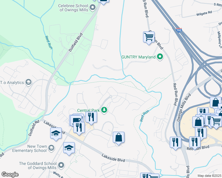 map of restaurants, bars, coffee shops, grocery stores, and more near 3031 Hunting Ridge Drive in Owings Mills