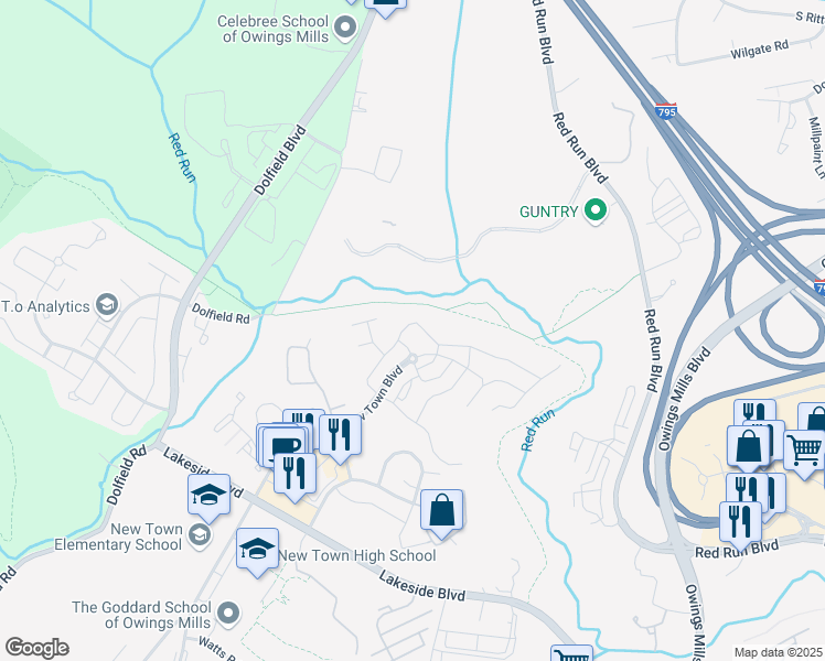 map of restaurants, bars, coffee shops, grocery stores, and more near 3031 Hunting Ridge Drive in Owings Mills