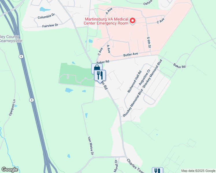 map of restaurants, bars, coffee shops, grocery stores, and more near 3105 Charles Town Road in Kearneysville