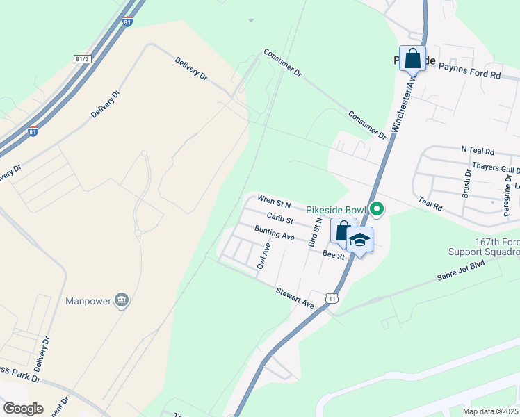 map of restaurants, bars, coffee shops, grocery stores, and more near 53 Carib Street in Martinsburg