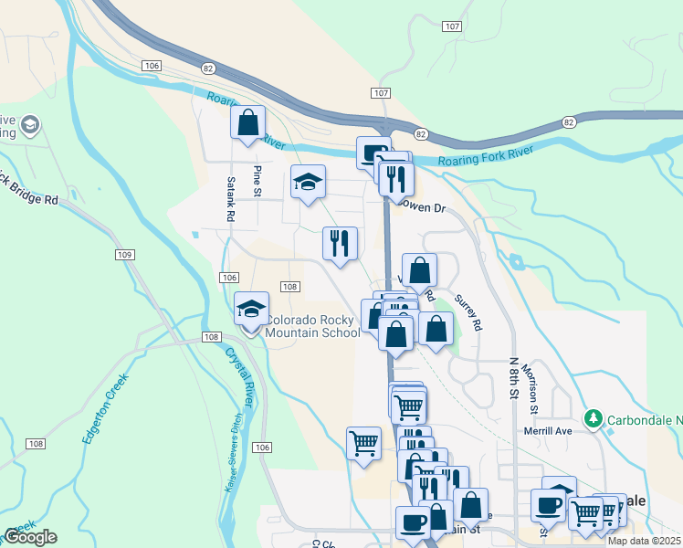 map of restaurants, bars, coffee shops, grocery stores, and more near 1905 Dolores Way in Carbondale