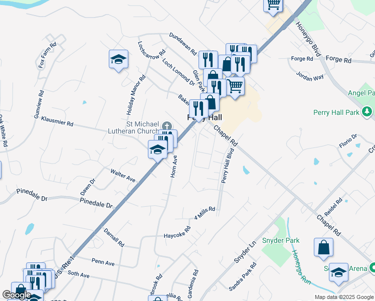 map of restaurants, bars, coffee shops, grocery stores, and more near 4 Juliet Lane in Perry Hall