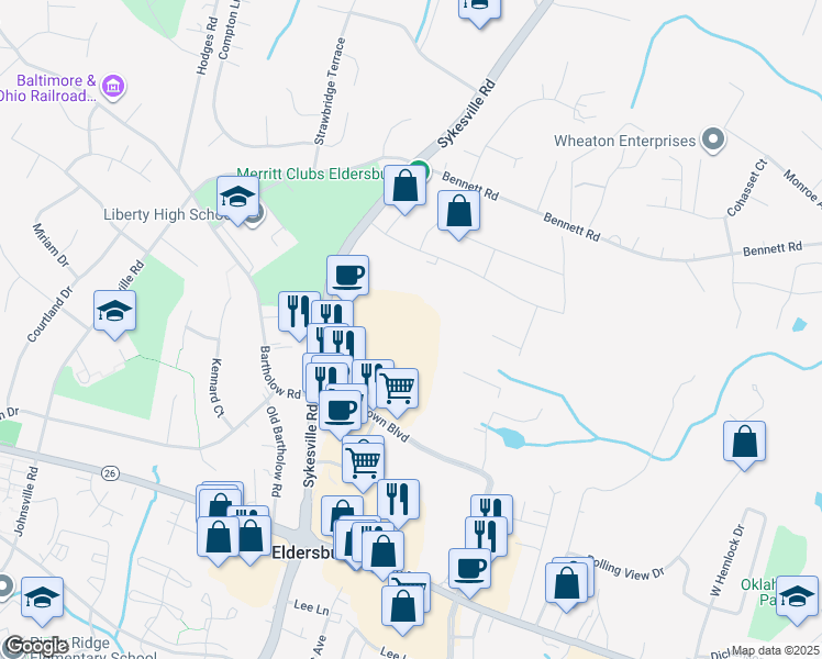 map of restaurants, bars, coffee shops, grocery stores, and more near 1324 Londontown Boulevard in Sykesville