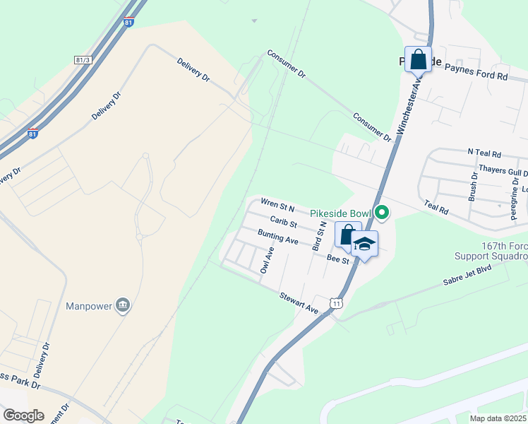 map of restaurants, bars, coffee shops, grocery stores, and more near 53 Carib Street in Martinsburg