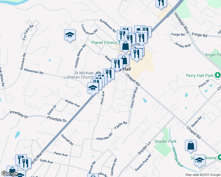 map of restaurants, bars, coffee shops, grocery stores, and more near 4 Juliet Lane in Perry Hall
