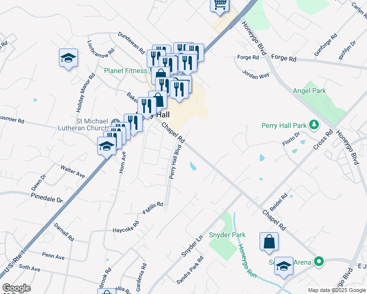 map of restaurants, bars, coffee shops, grocery stores, and more near 4225 Chapel Road in Perry Hall