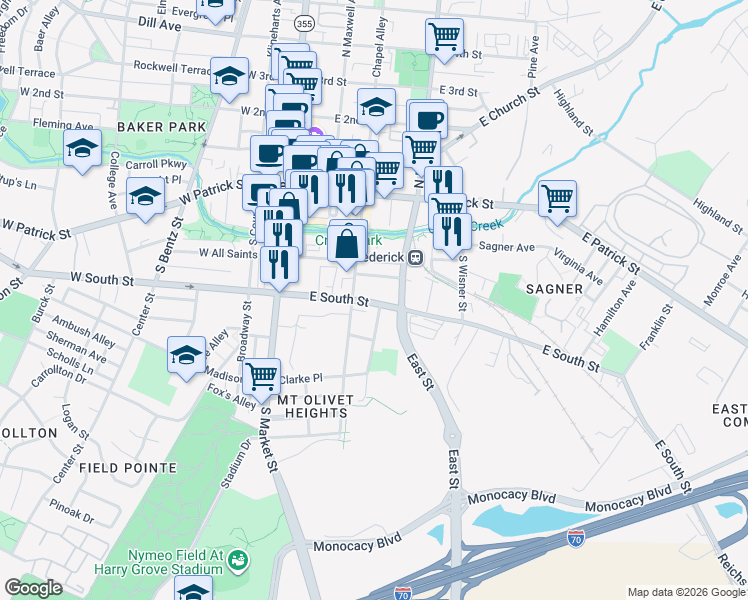 map of restaurants, bars, coffee shops, grocery stores, and more near 101 East South Street in Frederick