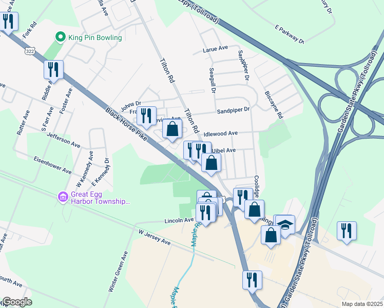 map of restaurants, bars, coffee shops, grocery stores, and more near 2621 Tilton Road in Egg Harbor Township