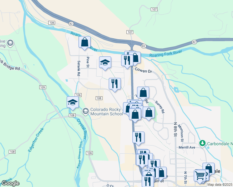 map of restaurants, bars, coffee shops, grocery stores, and more near 1905 Dolores Way in Carbondale