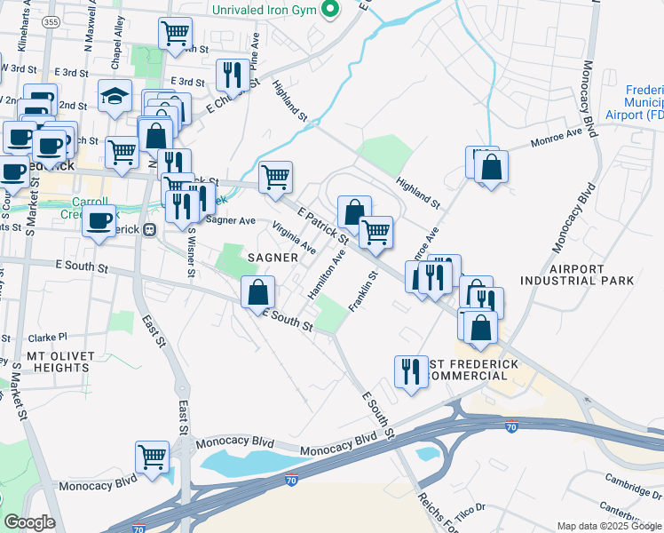 map of restaurants, bars, coffee shops, grocery stores, and more near 33 Hamilton Avenue in Frederick