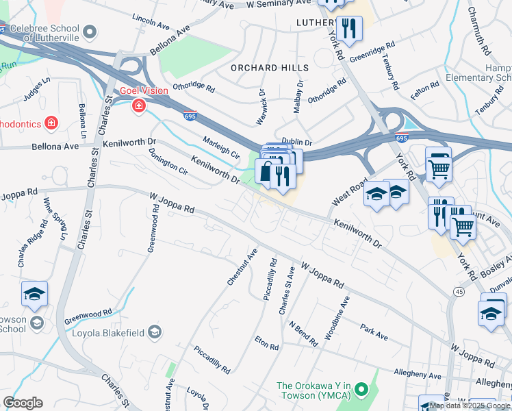 map of restaurants, bars, coffee shops, grocery stores, and more near Stonewain Court in Towson