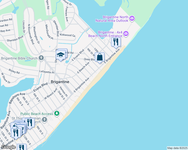 map of restaurants, bars, coffee shops, grocery stores, and more near 212 7th Street North in Brigantine
