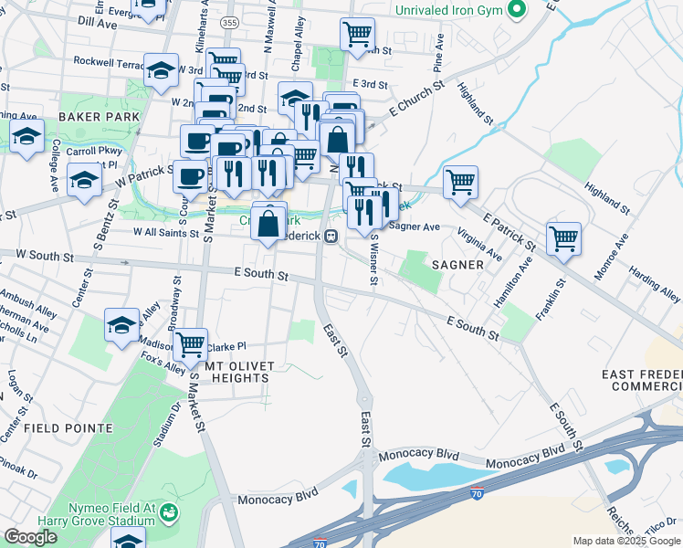 map of restaurants, bars, coffee shops, grocery stores, and more near 119 Water Street in Frederick