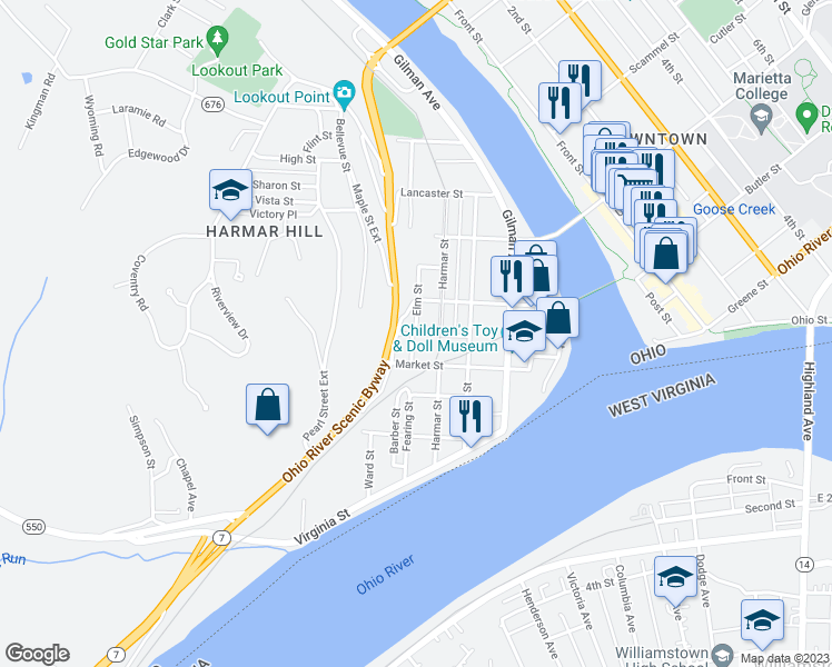 map of restaurants, bars, coffee shops, grocery stores, and more near 121 Elm Street in Marietta