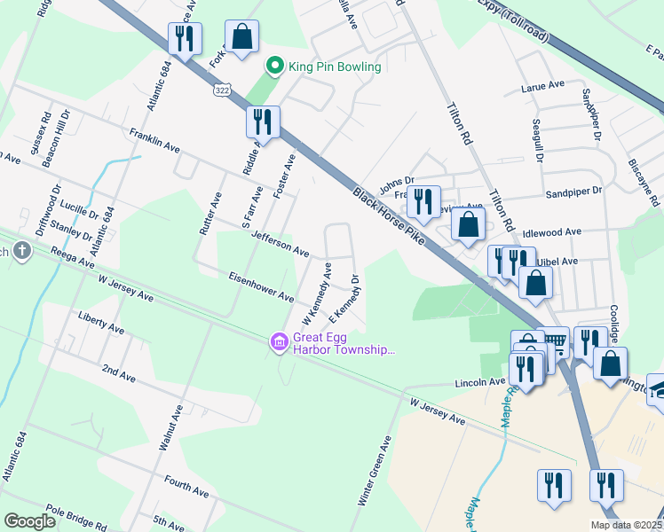 map of restaurants, bars, coffee shops, grocery stores, and more near 125 West Kennedy Drive in Egg Harbor Township