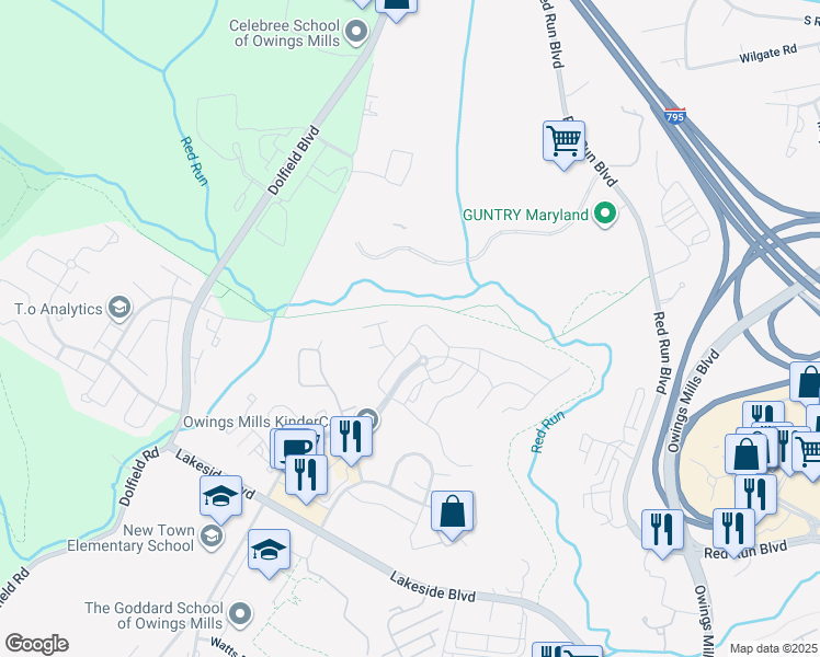 map of restaurants, bars, coffee shops, grocery stores, and more near 2022 Hunting Ridge Drive in Owings Mills