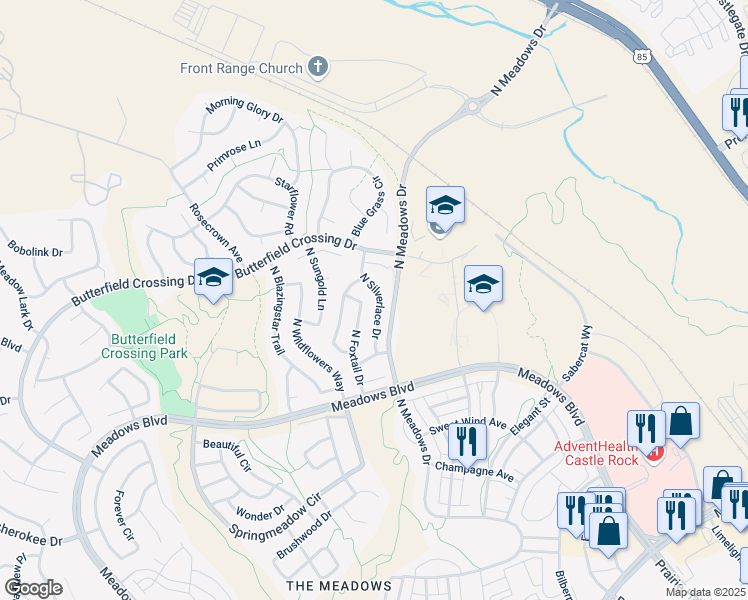 map of restaurants, bars, coffee shops, grocery stores, and more near 4911 North Silverlace Drive in Castle Rock