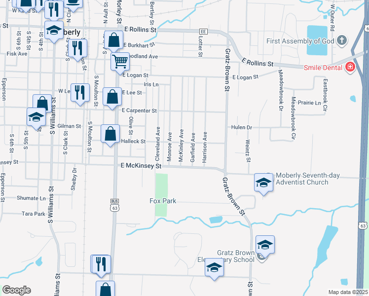map of restaurants, bars, coffee shops, grocery stores, and more near Halleck St in Moberly