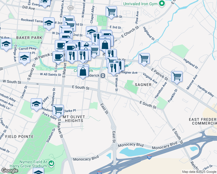 map of restaurants, bars, coffee shops, grocery stores, and more near 112 Water Street in Frederick