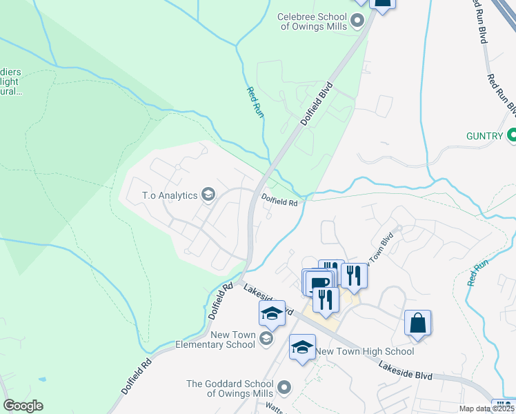 map of restaurants, bars, coffee shops, grocery stores, and more near 9767 Reese Farm Road in Owings Mills